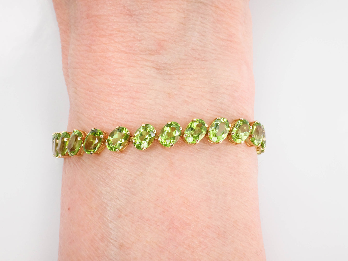Estate 14k Yellow Gold Oval Cut Natural Peridot Tennis Bracelet, Green Stone Bracelet, 8"