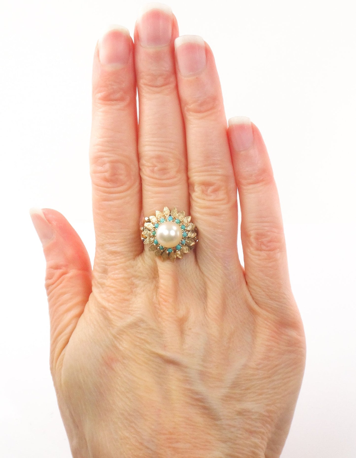 Vintage 14k Yellow Gold Pearl Turquoise Ring: Floral Design