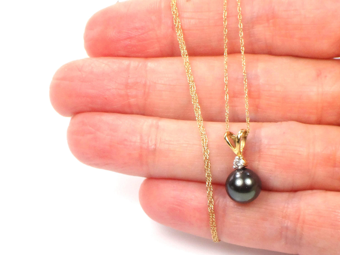 Vintage 14k Gold Black Pearl and Diamond Drop Necklace: 8 mm 18"-BelmarJewelers
