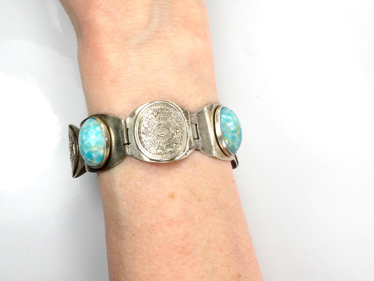 Vintage Silver-Toned Blue Stone Storyteller Bracelet: Mexico 7"-BelmarJewelers