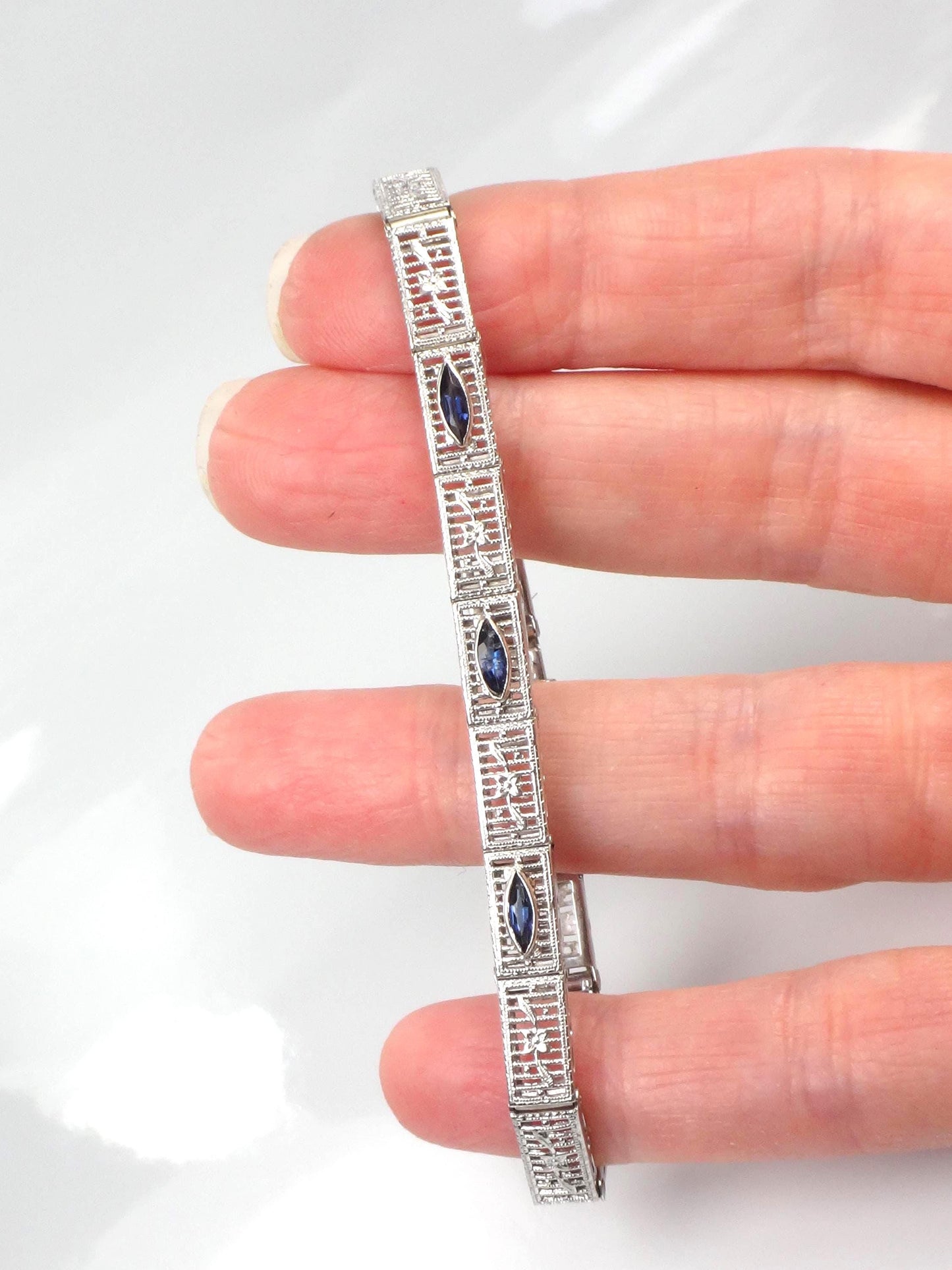 Art Deco 14k White Gold Filigree Blue Glass Straight Line Bracelet 6.75"-BelmarJewelers