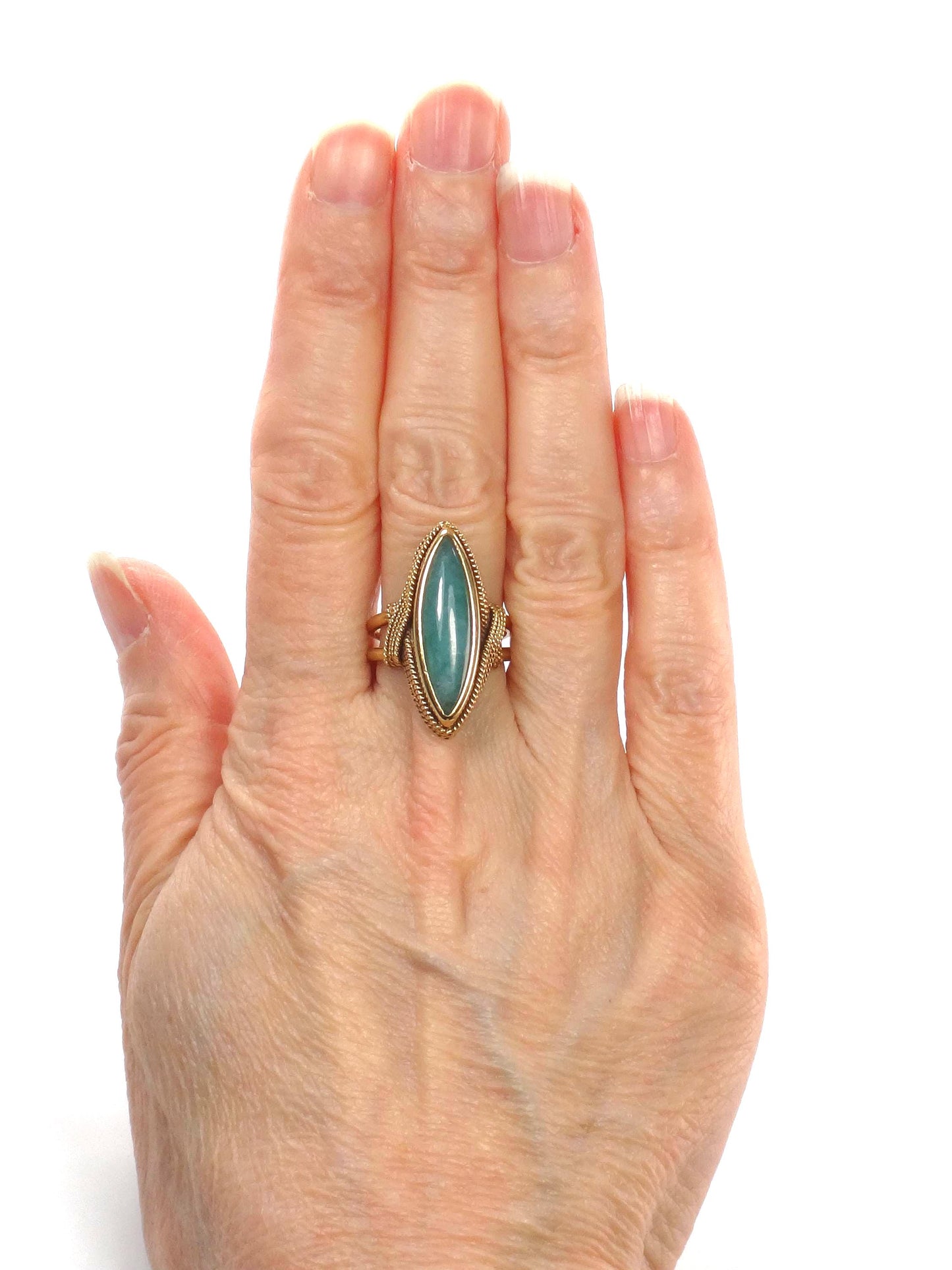 Vintage 18k Yellow Gold Marquise Green Jade Ring Size 6 1/4-BelmarJewelers