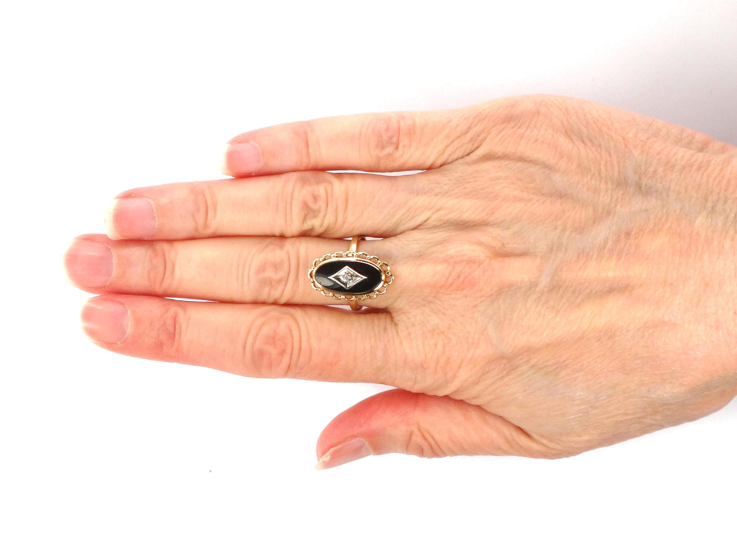 Vintage 10k Two Tone Gold Black Onyx Diamond Ring, Retro Style, Size 6-BelmarJewelers