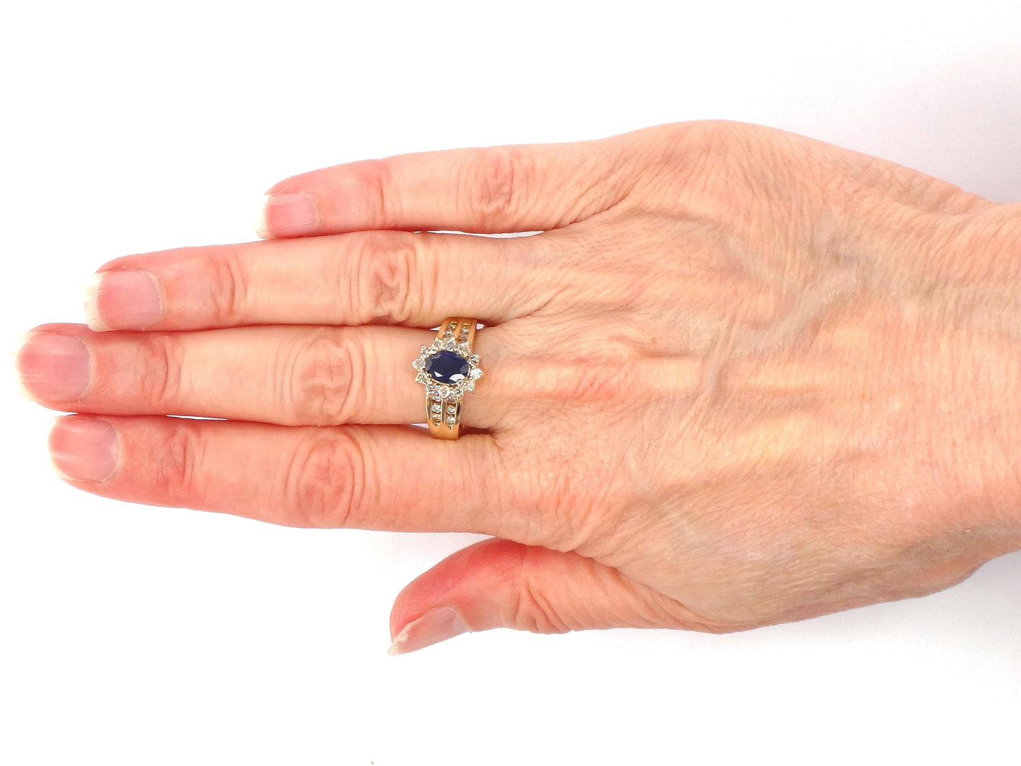 Vintage 14k Yellow Gold Oval Blue Sapphire Diamond Halo Ring, Size 7-BelmarJewelers