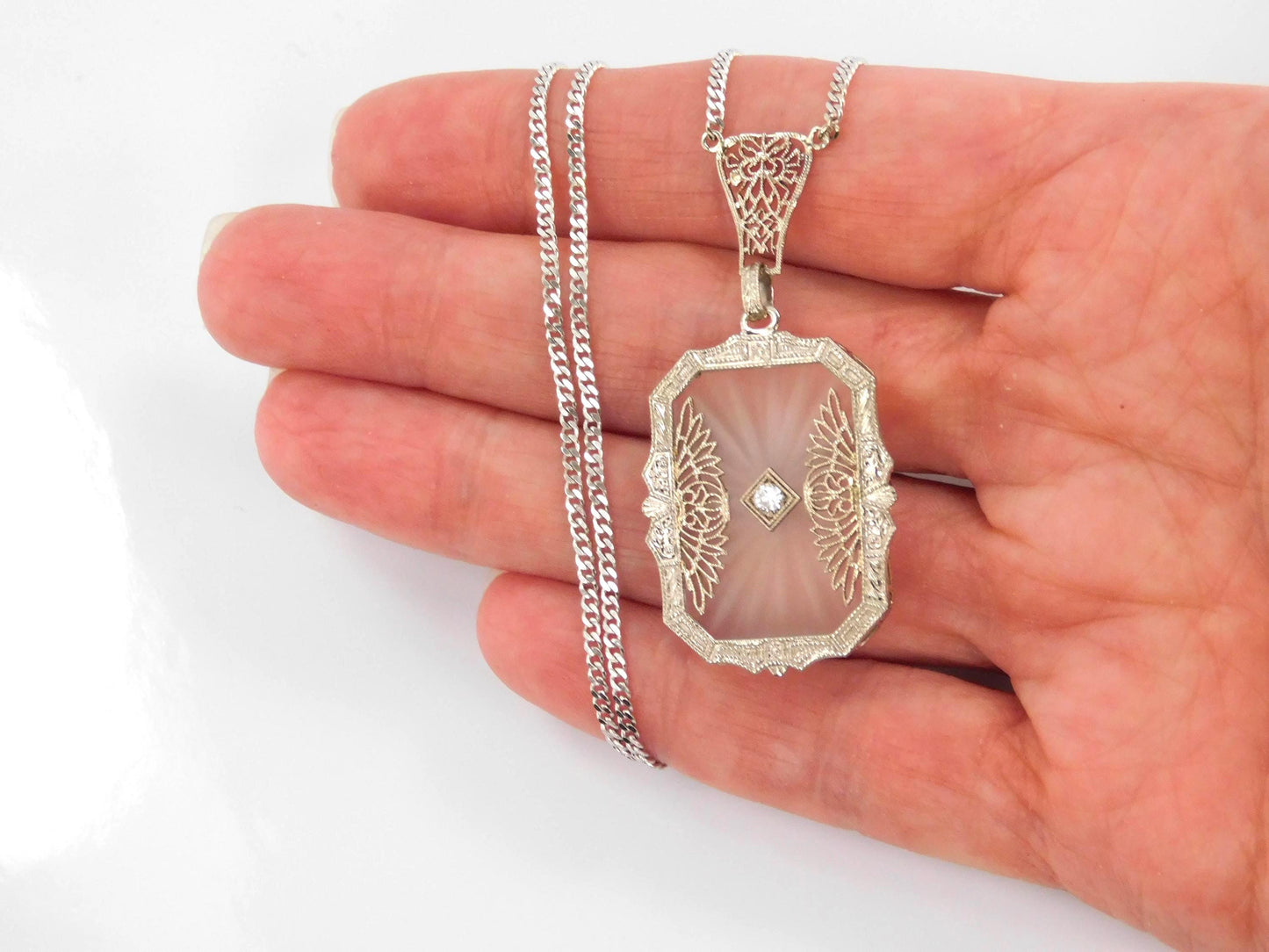 Art Deco Solid White Gold Rock Crystal Diamond Necklace 1930's-BelmarJewelers