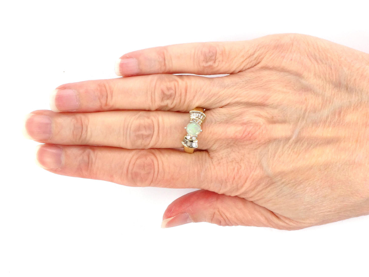 Vintage 14k Yellow Gold Opal and Diamond Engagement Ring, Circa 1980s, Size 6.25-BelmarJewelers