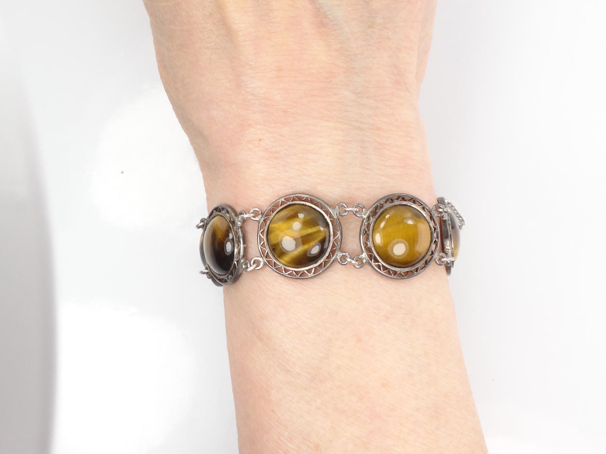 Vintage Mid-Century Sterling Silver Tiger Eye Bracelet, 6.5"-BelmarJewelers