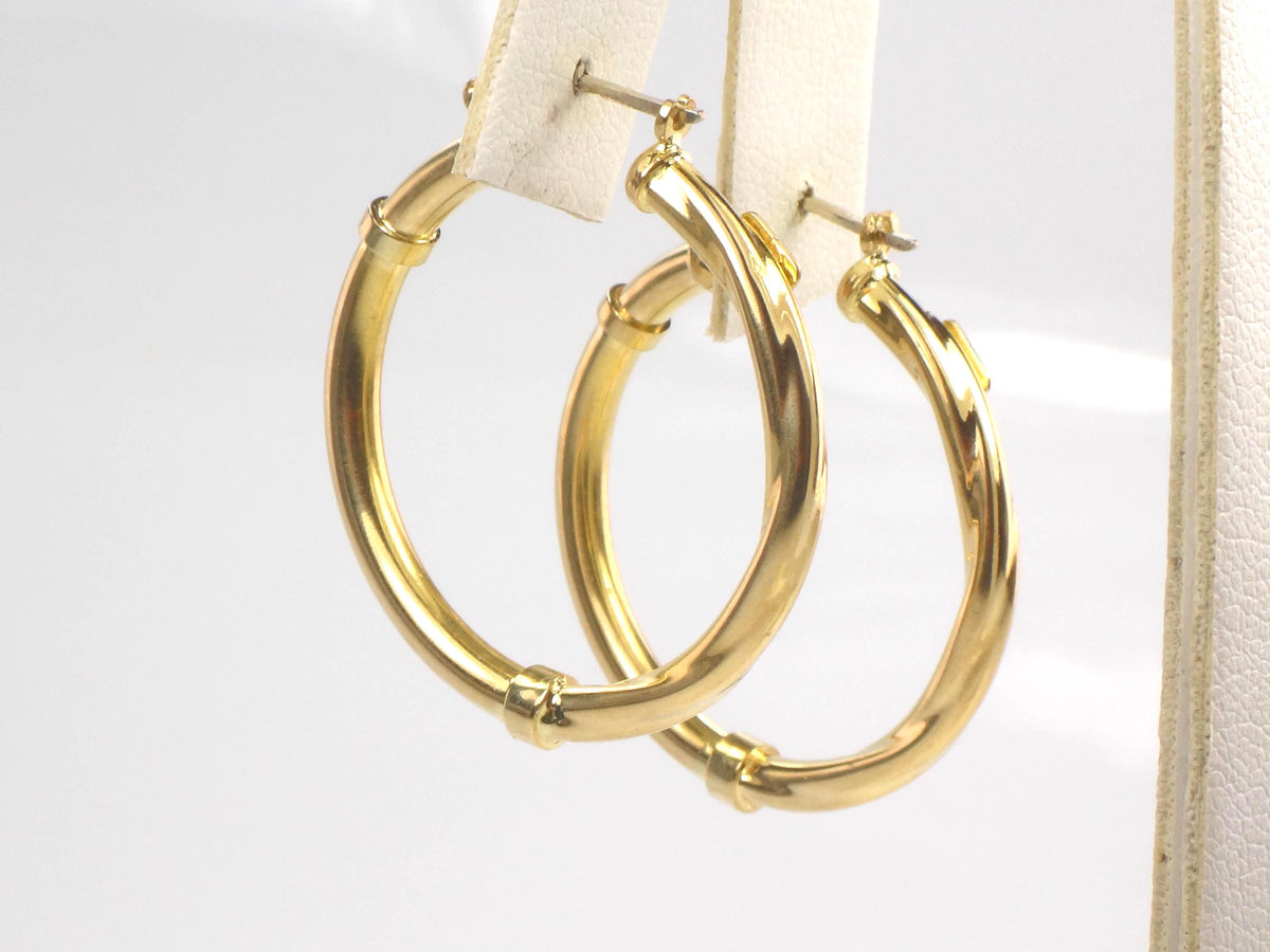 Vintage 18k Yellow Gold Polished and Twist Hoop Earrings: 1 3/16"-BelmarJewelers