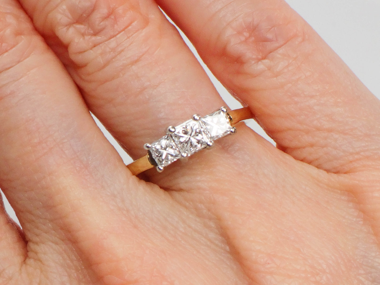 Vintage 14k Gold Three Stone Diamond Engagement Ring, Princess Cut Diamond Ring, Size 7