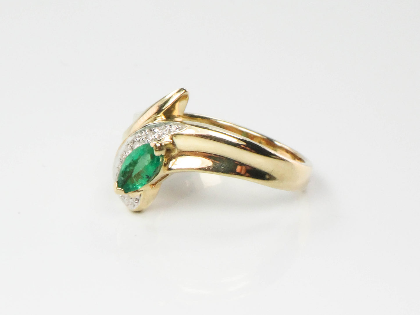 Vintage 10k Two Tone Gold Natural Emerald and Diamond Snake Ring, May Birthstone Ring, Size 4.25