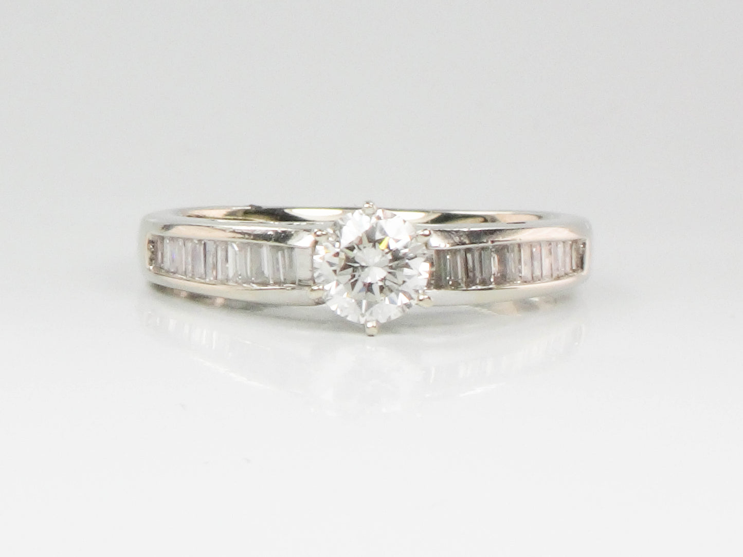 Vintage 14k White Gold Natural Round Diamond Engagement Ring with Baguettes, ~.85 Carats TDW