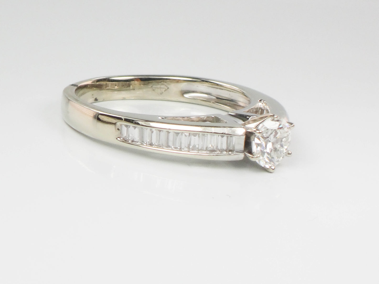 Vintage 14k White Gold Natural Round Diamond Engagement Ring with Baguettes, ~.85 Carats TDW