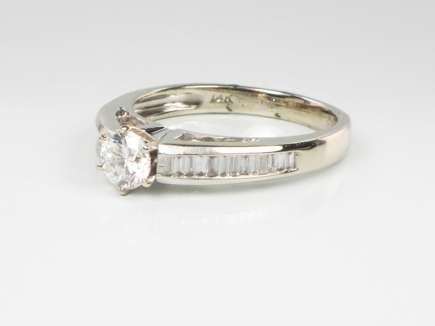 Vintage 14k White Gold Natural Round Diamond Engagement Ring with Baguettes, ~.85 Carats TDW
