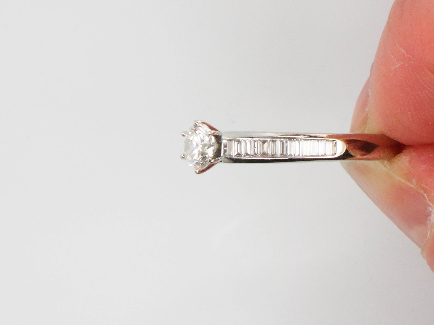 Vintage 14k White Gold Natural Round Diamond Engagement Ring with Baguettes, ~.85 Carats TDW