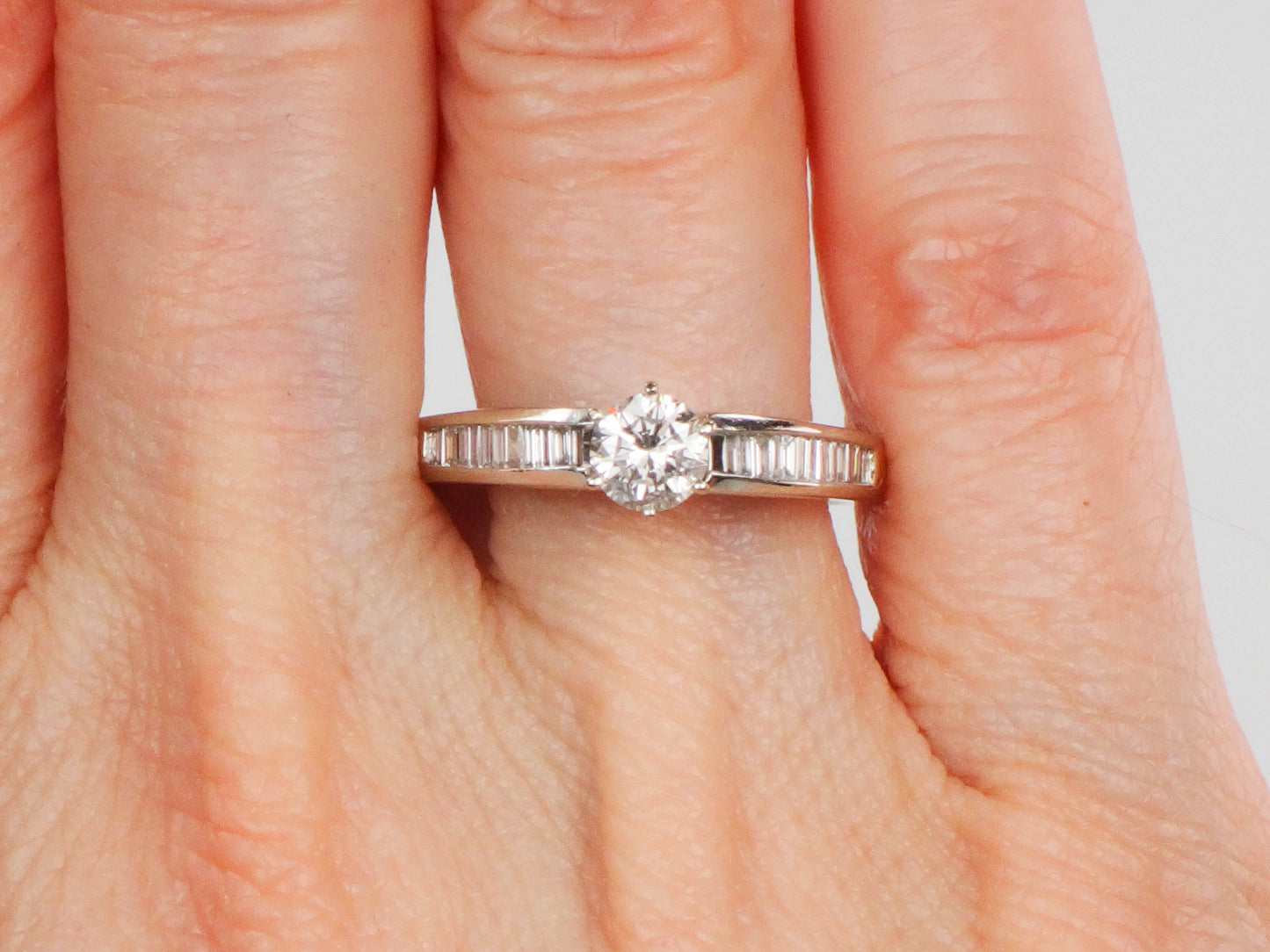 Vintage 14k White Gold Natural Round Diamond Engagement Ring with Baguettes, ~.85 Carats TDW