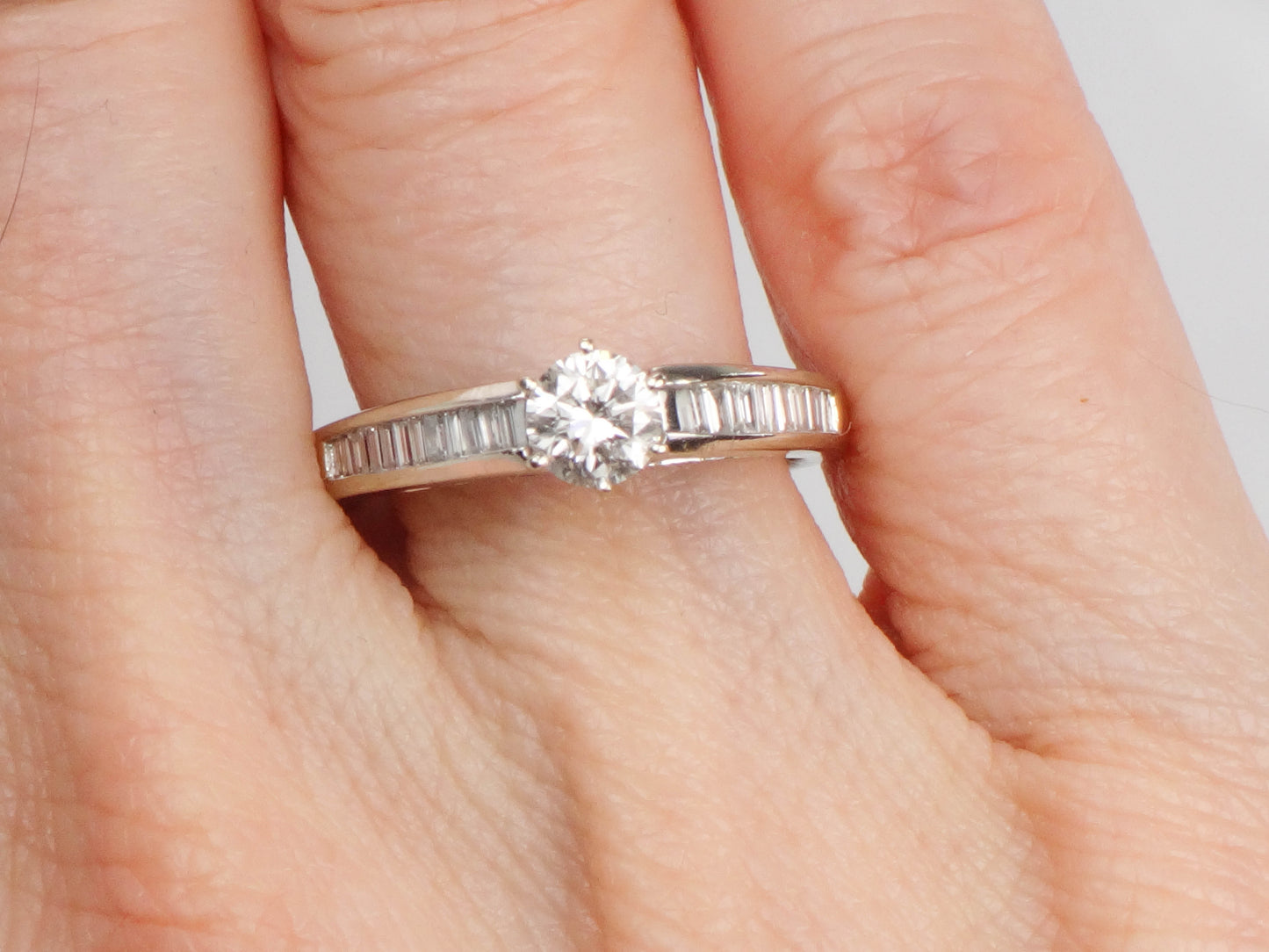 Vintage 14k White Gold Natural Round Diamond Engagement Ring with Baguettes, ~.85 Carats TDW