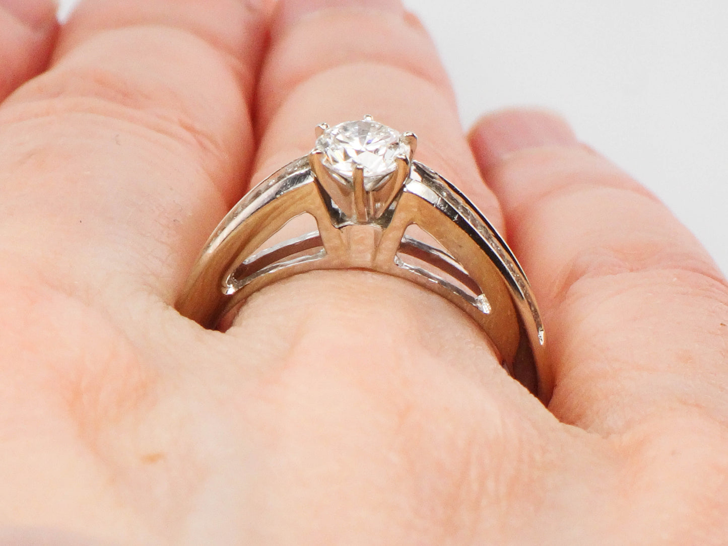 Vintage 14k White Gold Natural Round Diamond Engagement Ring with Baguettes, ~.85 Carats TDW