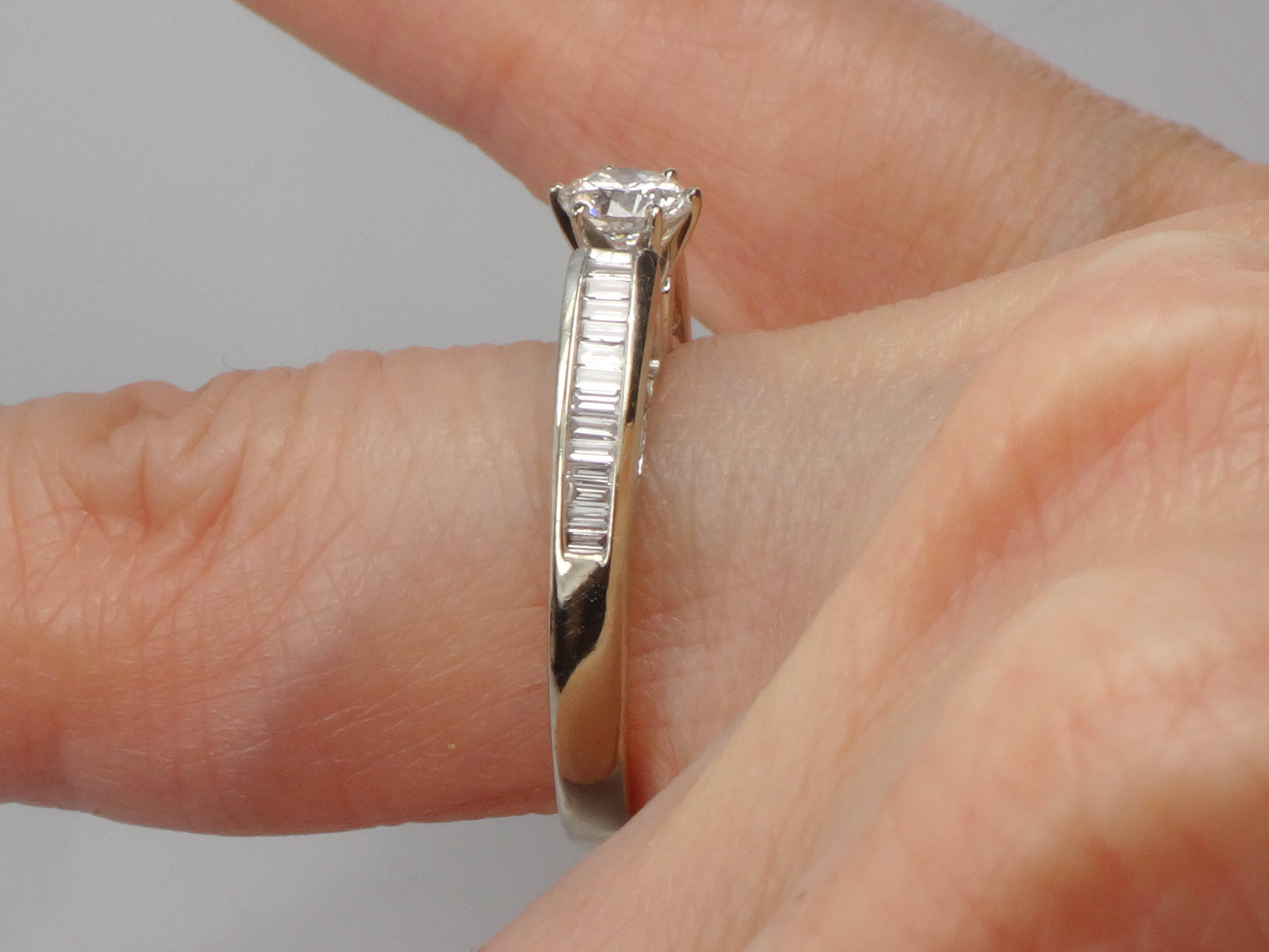 Vintage 14k White Gold Natural Round Diamond Engagement Ring with Baguettes, ~.85 Carats TDW