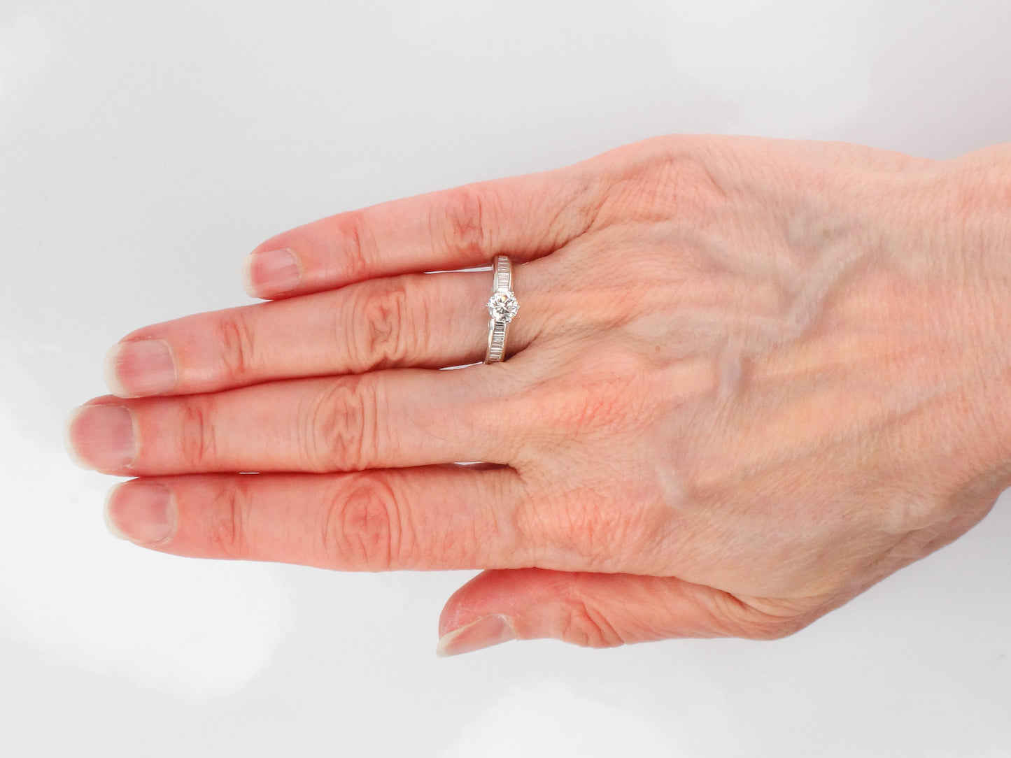 Vintage 14k White Gold Natural Round Diamond Engagement Ring with Baguettes, ~.85 Carats TDW