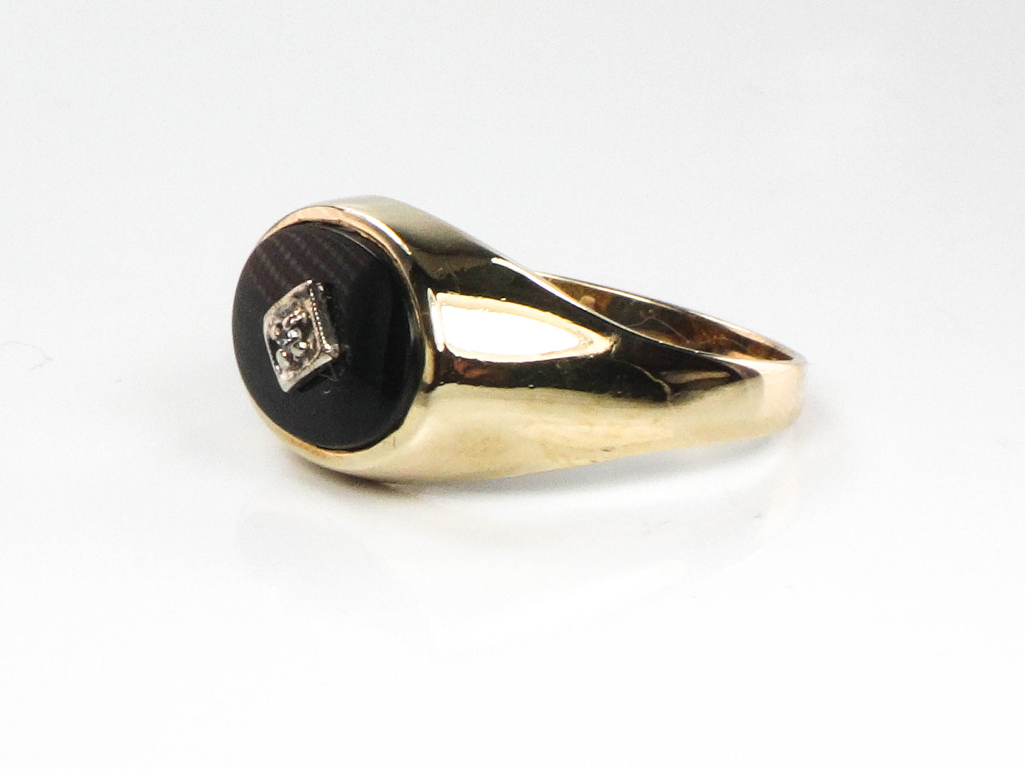 Vintage 14k Yellow Gold Black Onyx and Diamond Ring, Gold Men's Ring Size 11