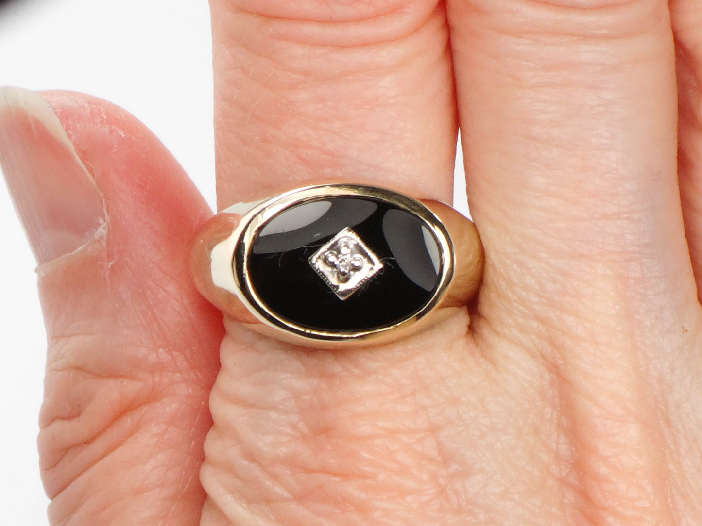 Vintage 14k Yellow Gold Black Onyx and Diamond Ring, Gold Men's Ring Size 11