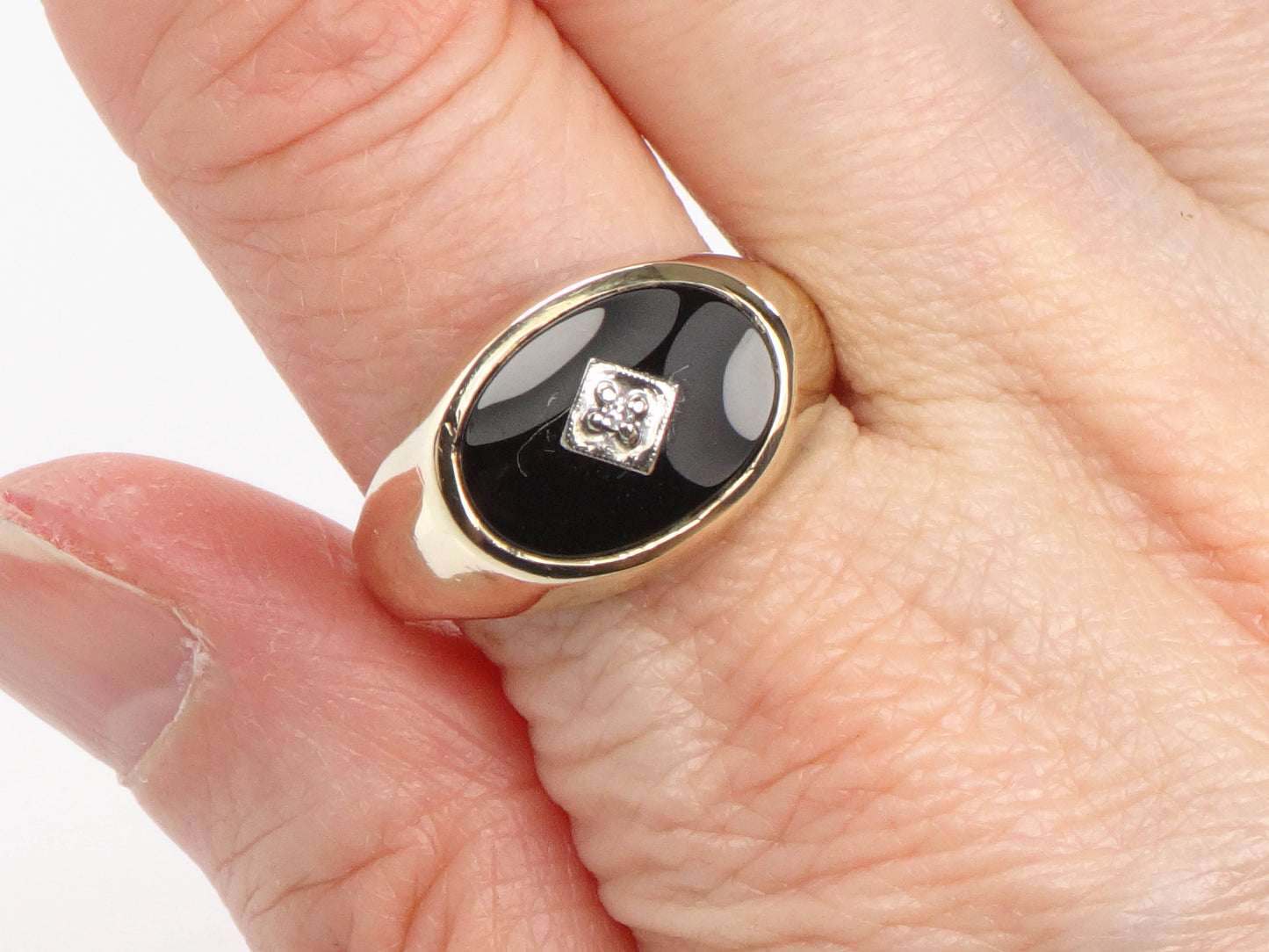 Vintage 14k Yellow Gold Black Onyx and Diamond Ring, Gold Men's Ring Size 11