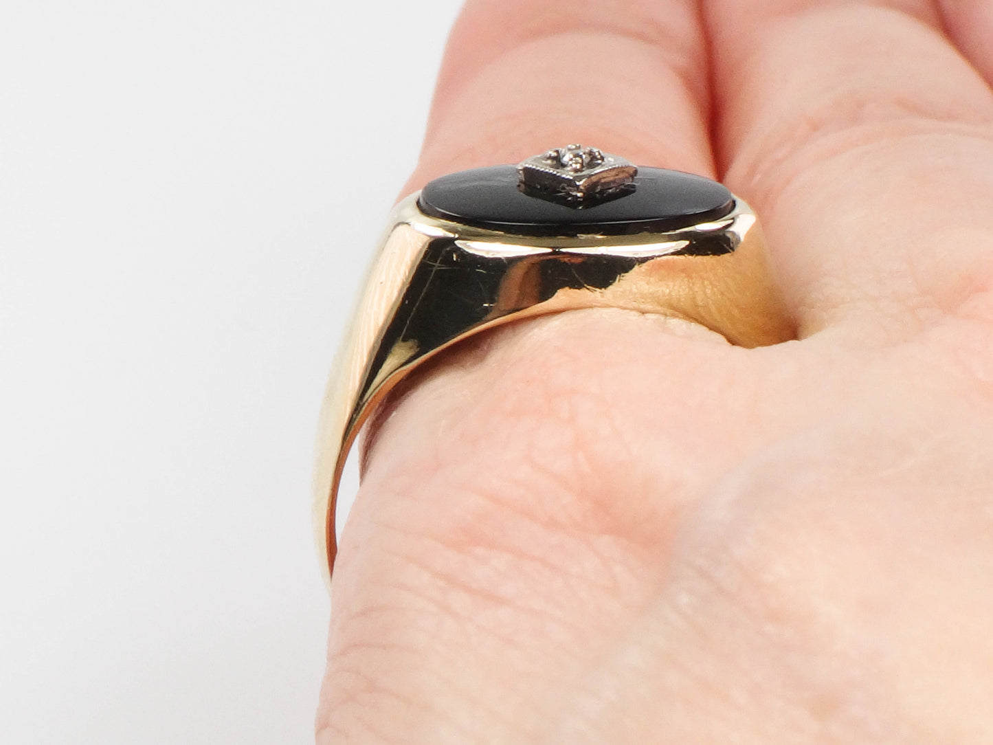 Vintage 14k Yellow Gold Black Onyx and Diamond Ring, Gold Men's Ring Size 11