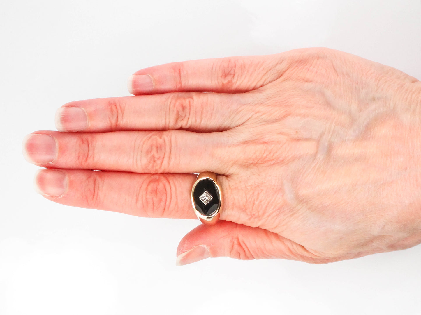 Vintage 14k Yellow Gold Black Onyx and Diamond Ring, Gold Men's Ring Size 11