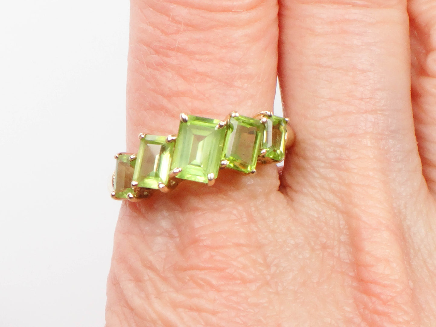Vintage 10k Yellow Gold Rectangle Cut Peridot Ring, August Birthstone Band, Size 9.5