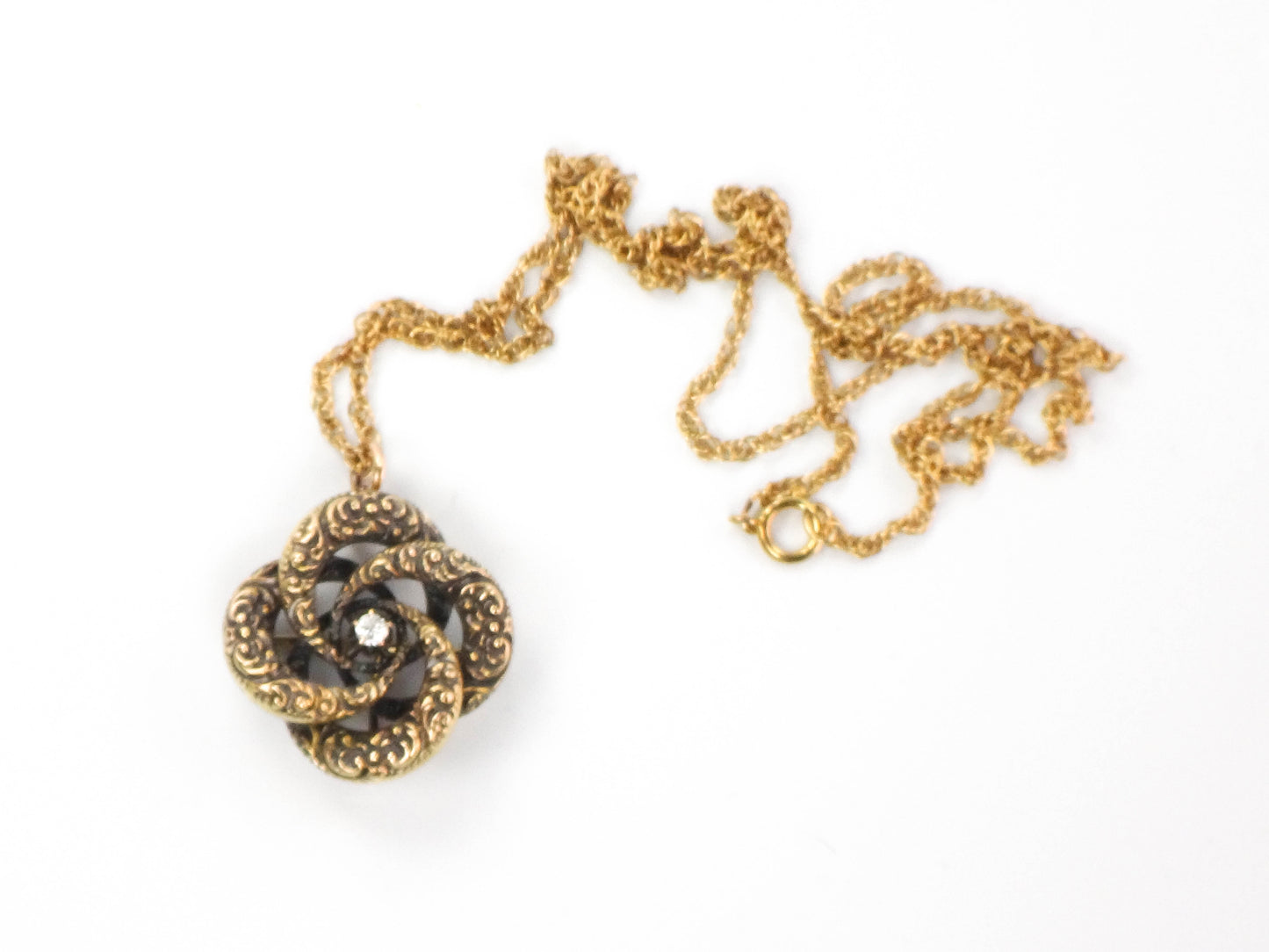 Victorian 14k Gold Old Mine Cut Diamond Love Knot Pendant Necklace 20"  Antique Pin