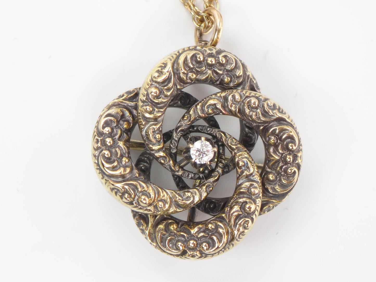 Victorian 14k Gold Old Mine Cut Diamond Love Knot Pendant Necklace 20"  Antique Pin