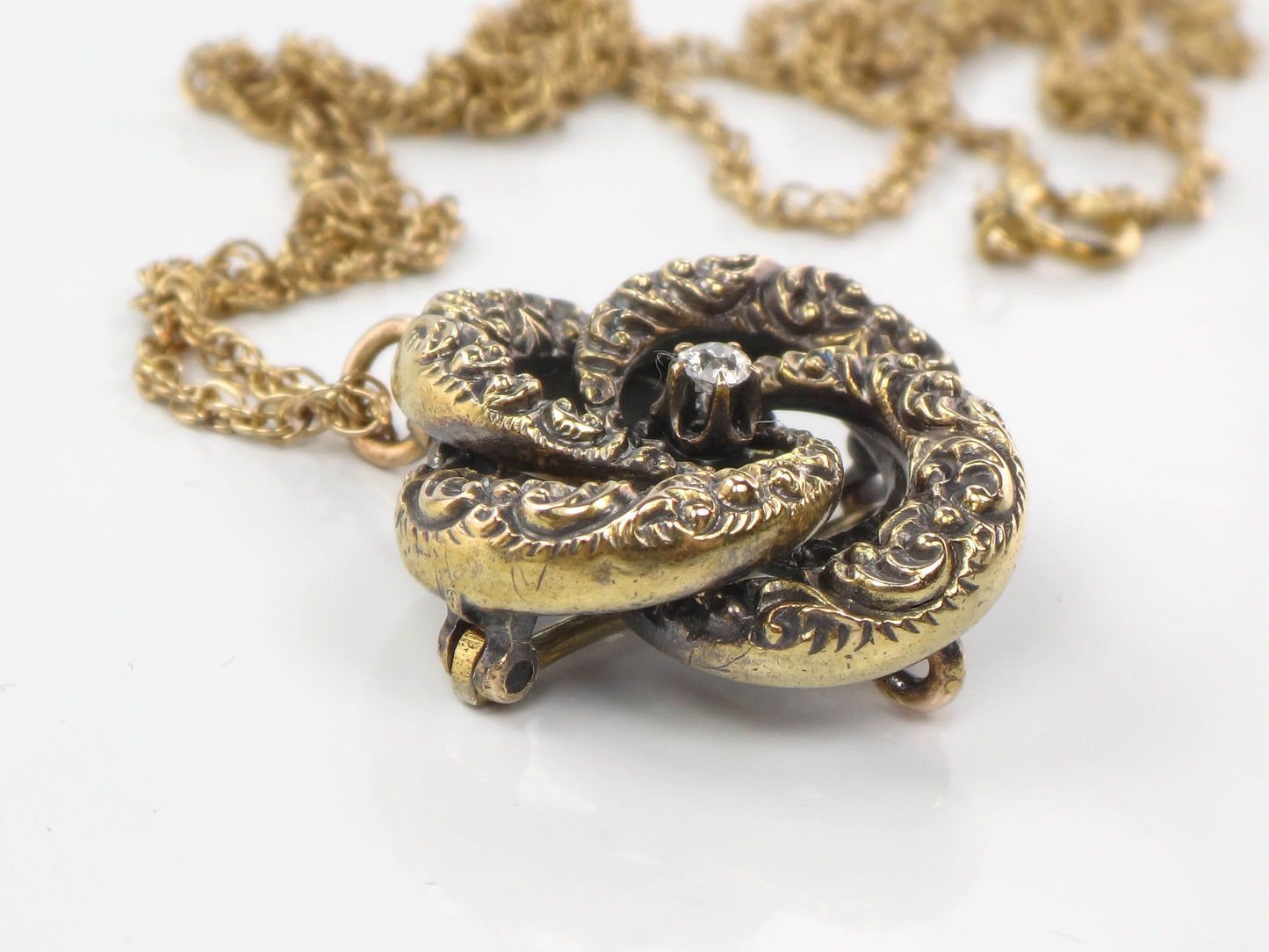 Victorian 14k Gold Old Mine Cut Diamond Love Knot Pendant Necklace 20"  Antique Pin