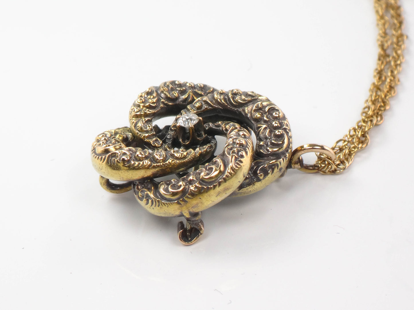 Victorian 14k Gold Old Mine Cut Diamond Love Knot Pendant Necklace 20"  Antique Pin