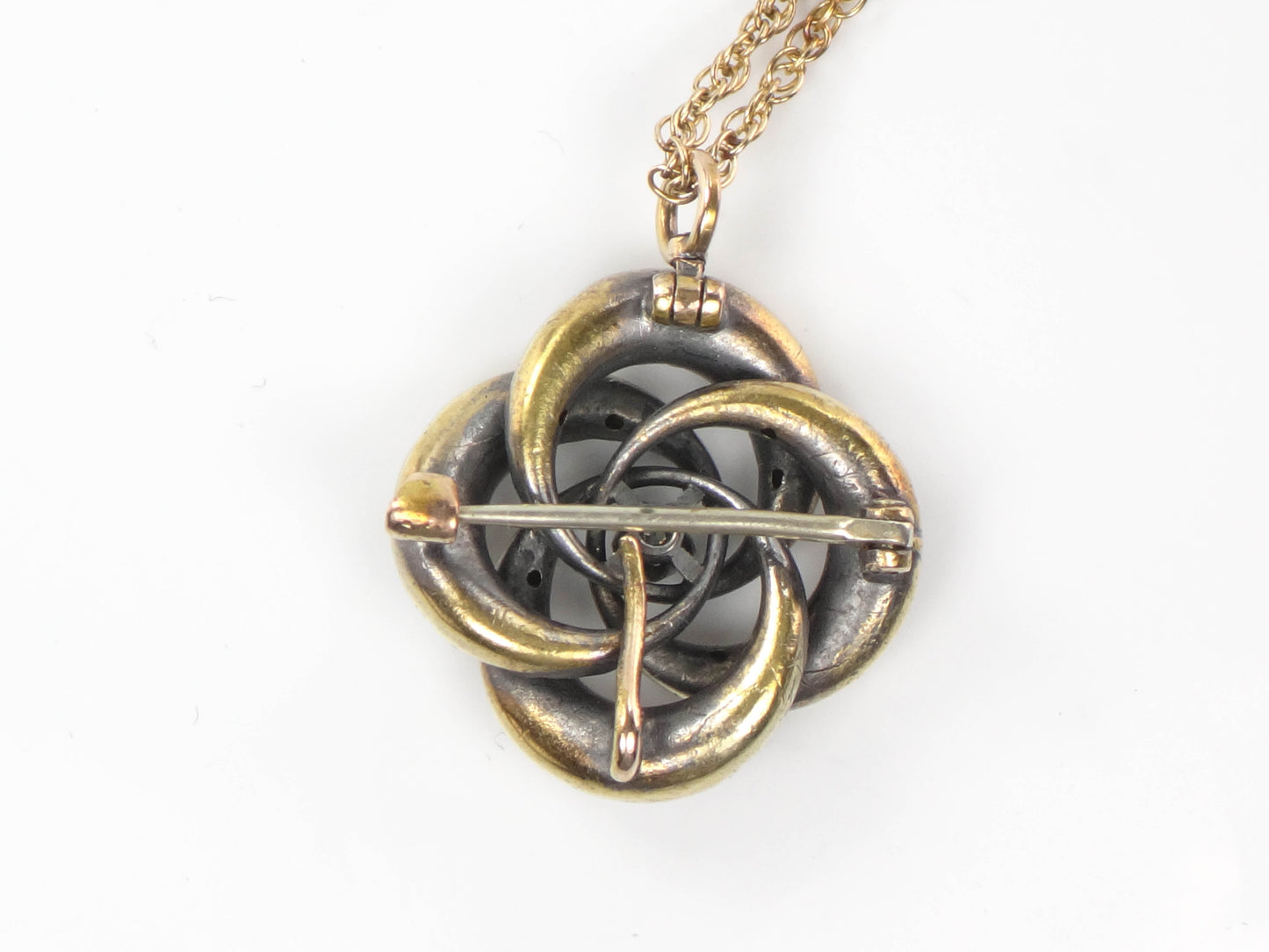 Victorian 14k Gold Old Mine Cut Diamond Love Knot Pendant Necklace 20"  Antique Pin