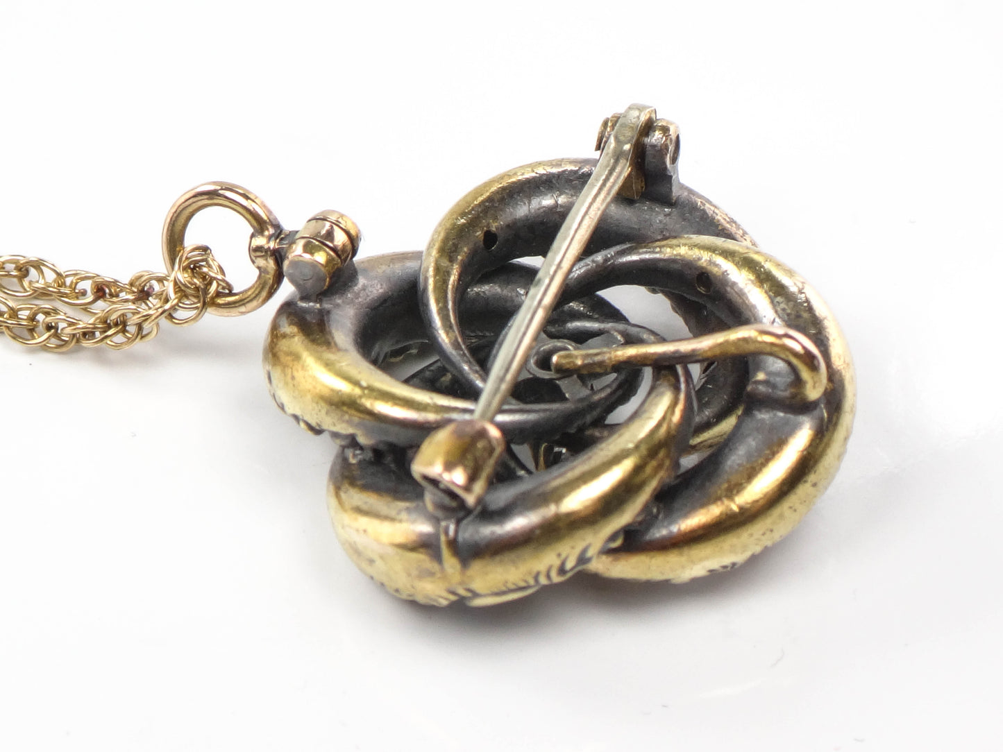 Victorian 14k Gold Old Mine Cut Diamond Love Knot Pendant Necklace 20"  Antique Pin