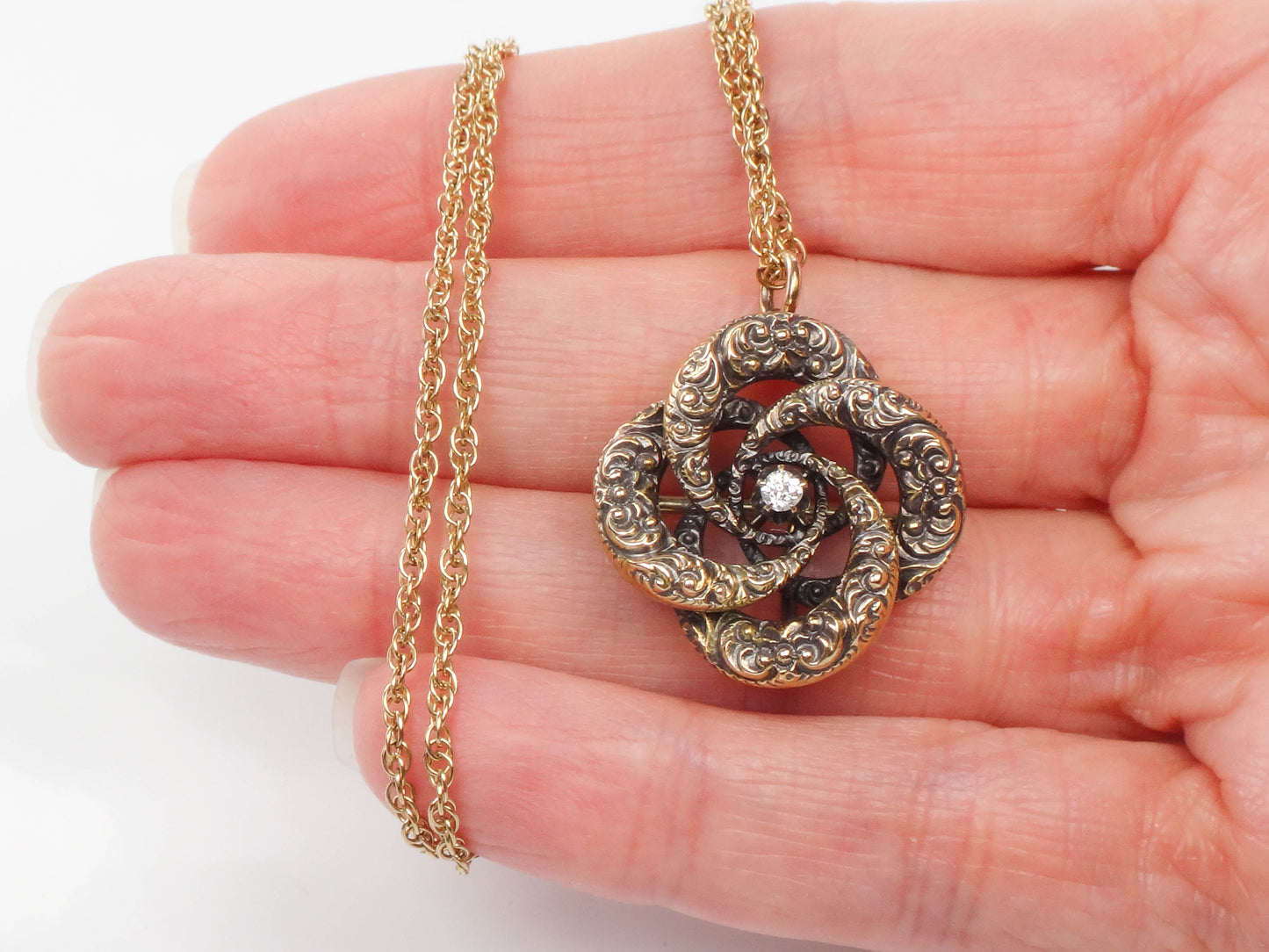 Victorian 14k Gold Old Mine Cut Diamond Love Knot Pendant Necklace 20"  Antique Pin