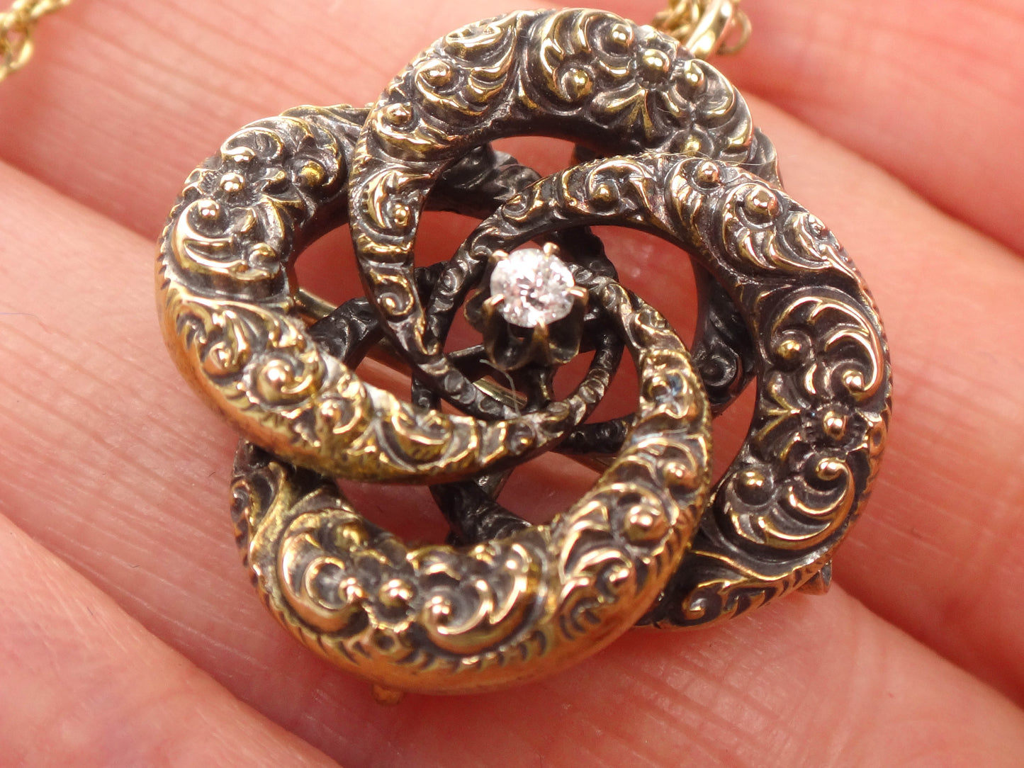 Victorian 14k Gold Old Mine Cut Diamond Love Knot Pendant Necklace 20"  Antique Pin