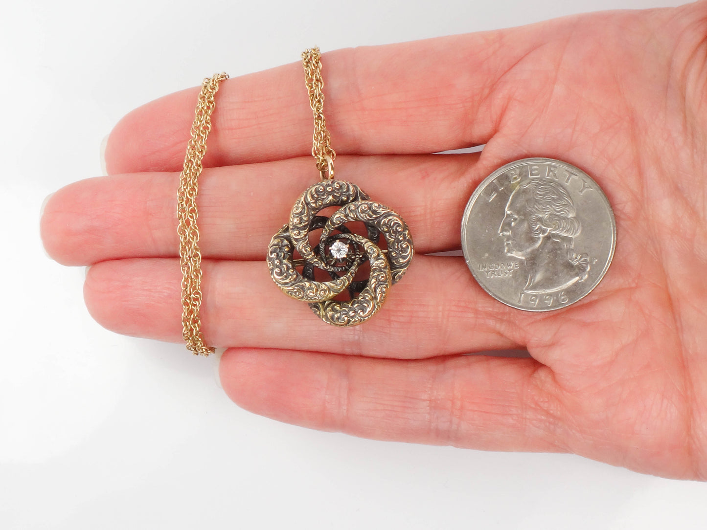 Victorian 14k Gold Old Mine Cut Diamond Love Knot Pendant Necklace 20"  Antique Pin