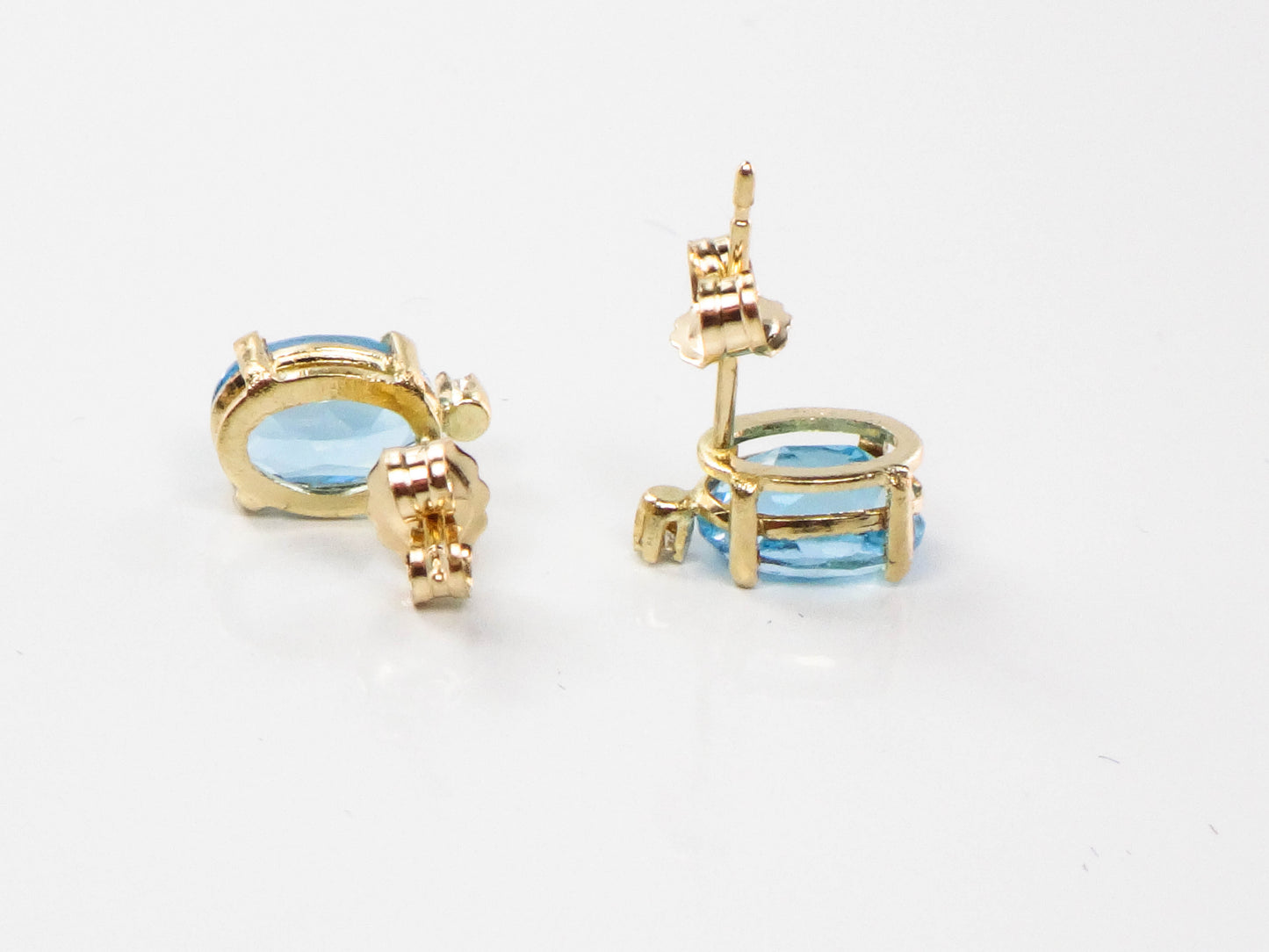 Estate 14k Yellow Gold Blue Topaz Stud Earrings with White Sapphire Accents, Oval December Birthstone Studs