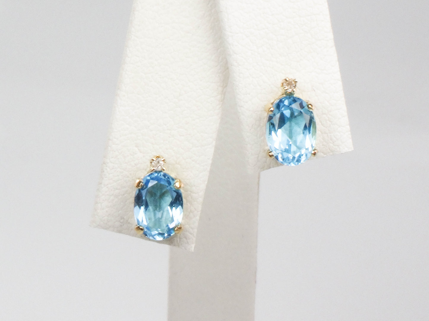 Estate 14k Yellow Gold Blue Topaz Stud Earrings with White Sapphire Accents, Oval December Birthstone Studs