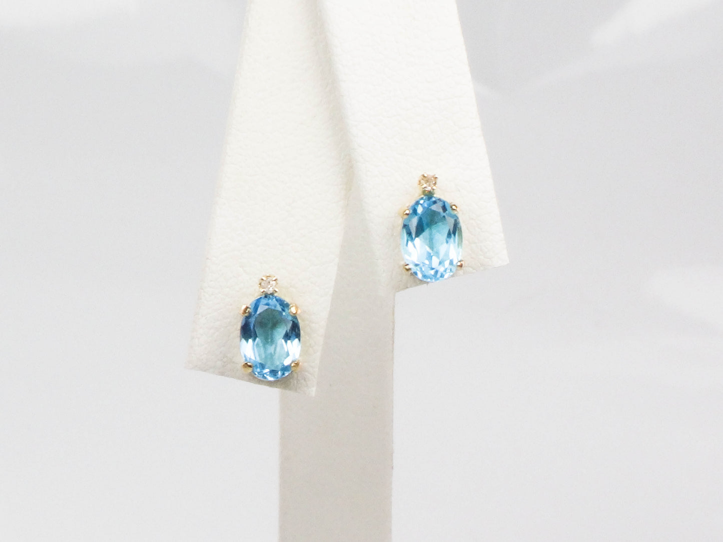 Estate 14k Yellow Gold Blue Topaz Stud Earrings with White Sapphire Accents, Oval December Birthstone Studs