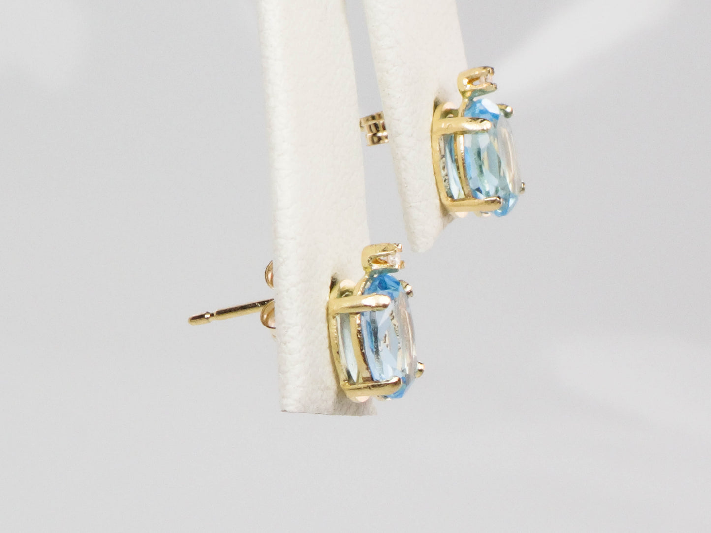 Estate 14k Yellow Gold Blue Topaz Stud Earrings with White Sapphire Accents, Oval December Birthstone Studs