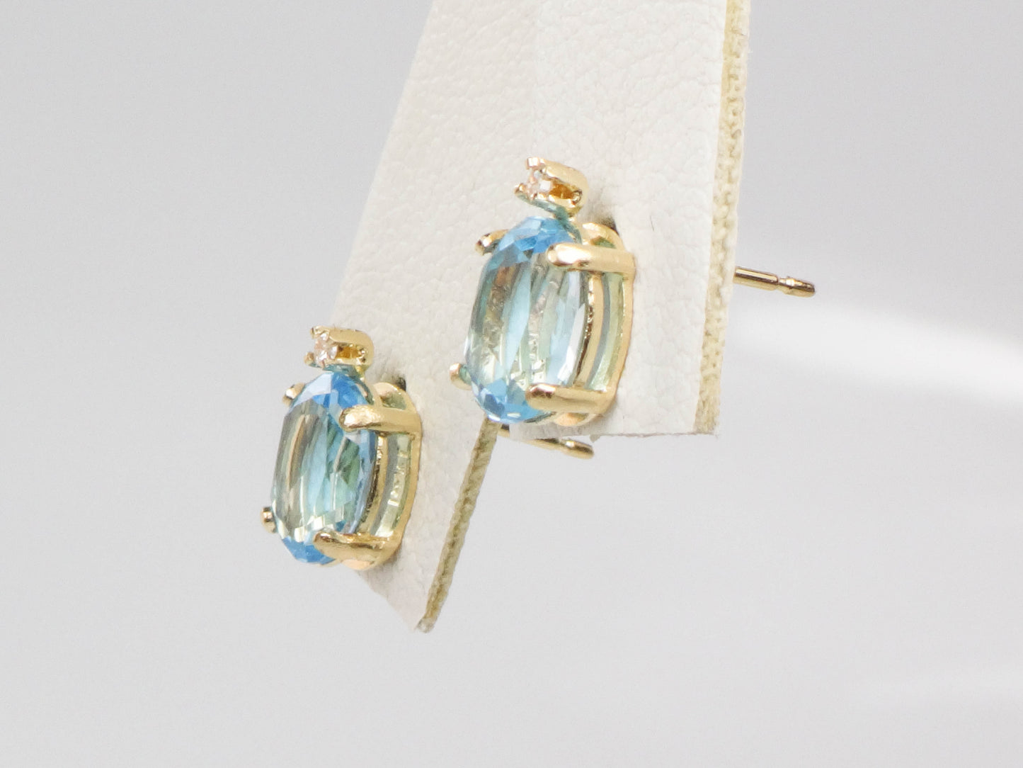 Estate 14k Yellow Gold Blue Topaz Stud Earrings with White Sapphire Accents, Oval December Birthstone Studs