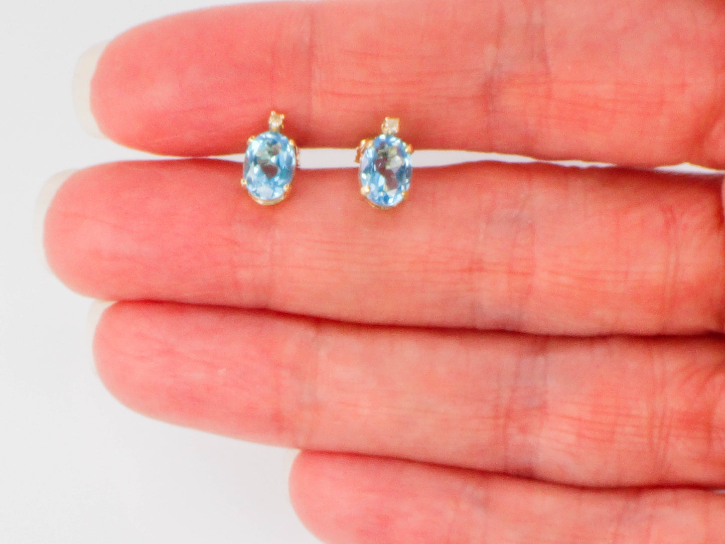 Estate 14k Yellow Gold Blue Topaz Stud Earrings with White Sapphire Accents, Oval December Birthstone Studs