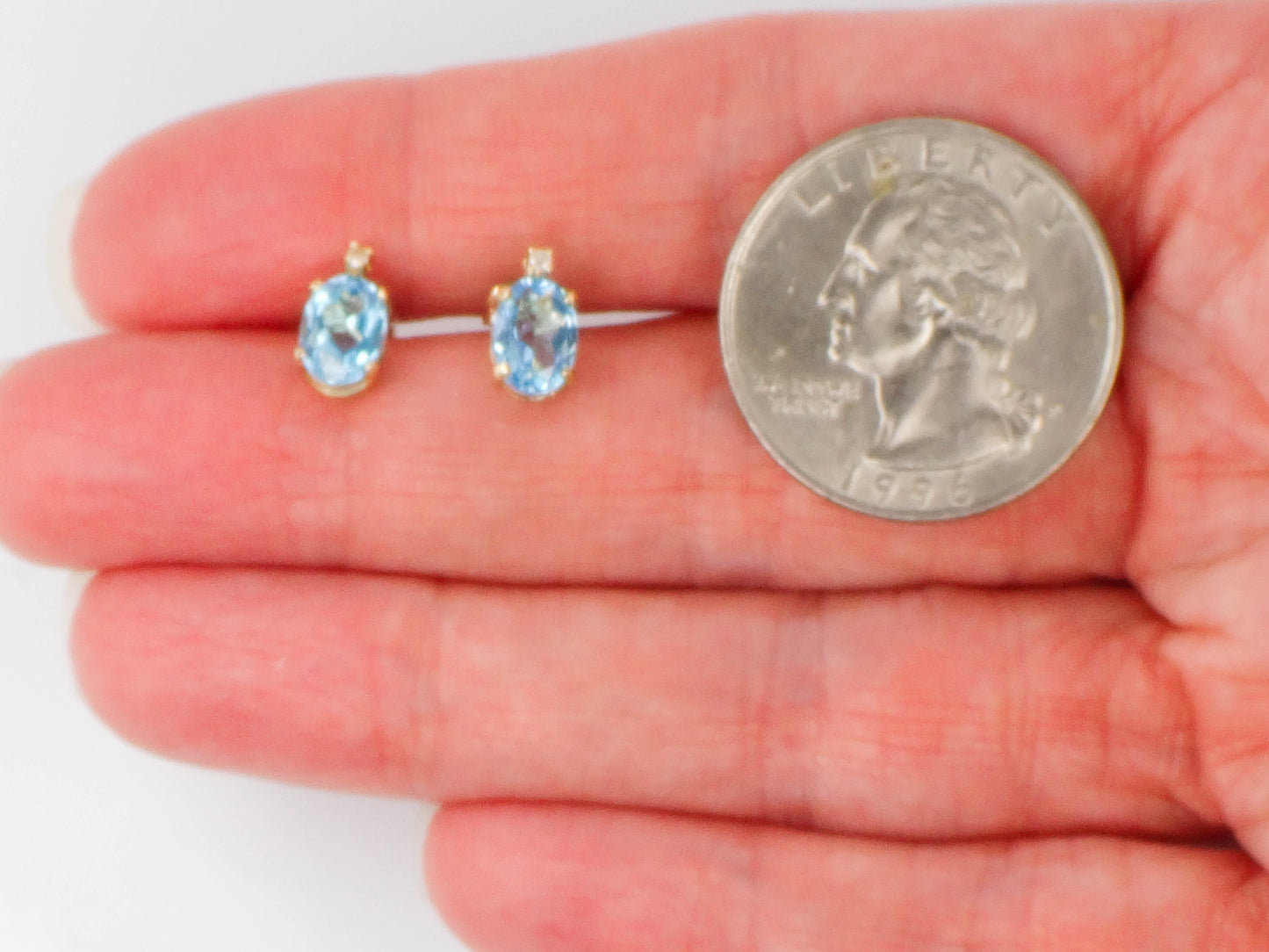Estate 14k Yellow Gold Blue Topaz Stud Earrings with White Sapphire Accents, Oval December Birthstone Studs