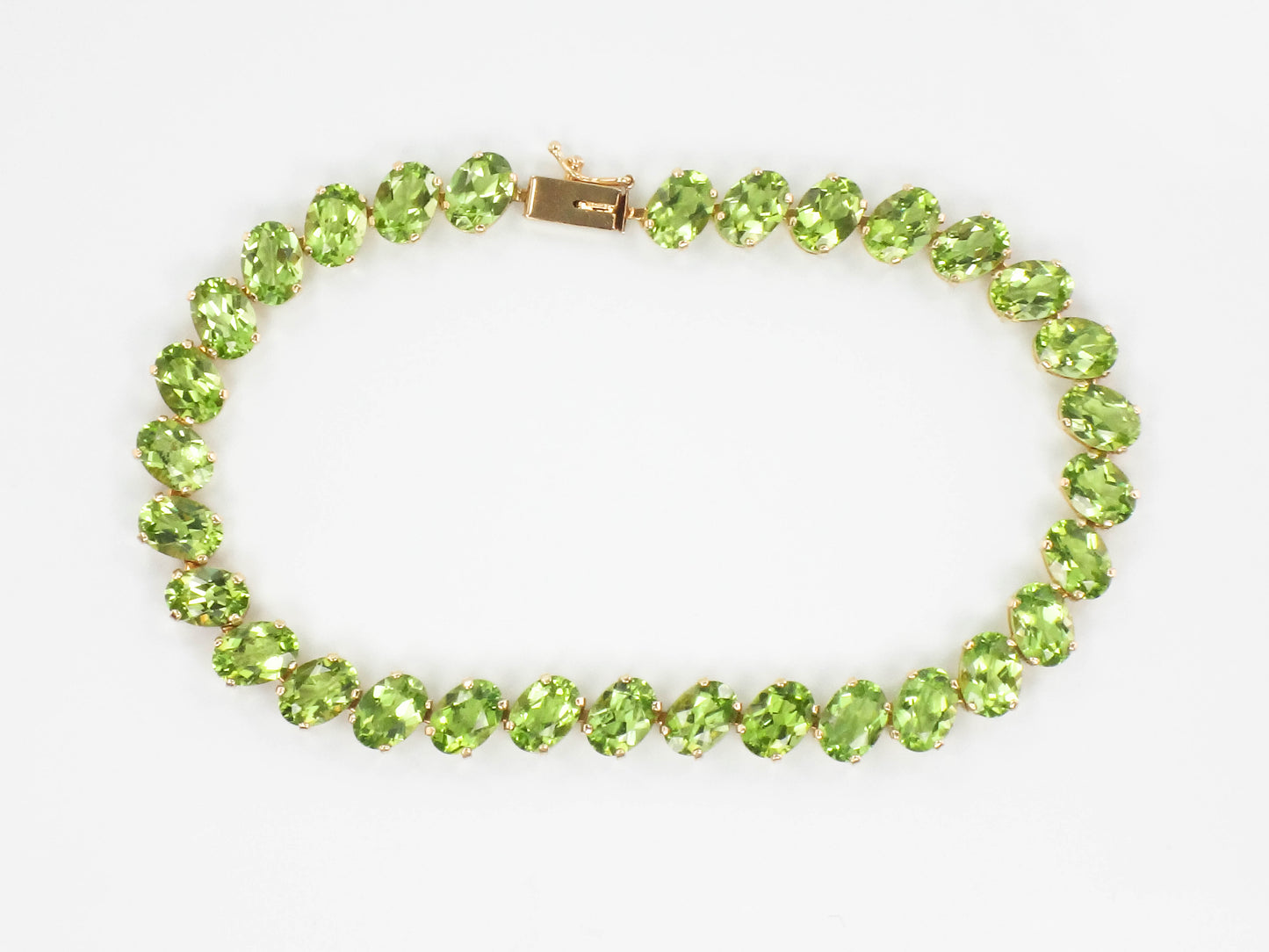 Estate 14k Yellow Gold Oval Cut Natural Peridot Tennis Bracelet, Green Stone Bracelet, 8"