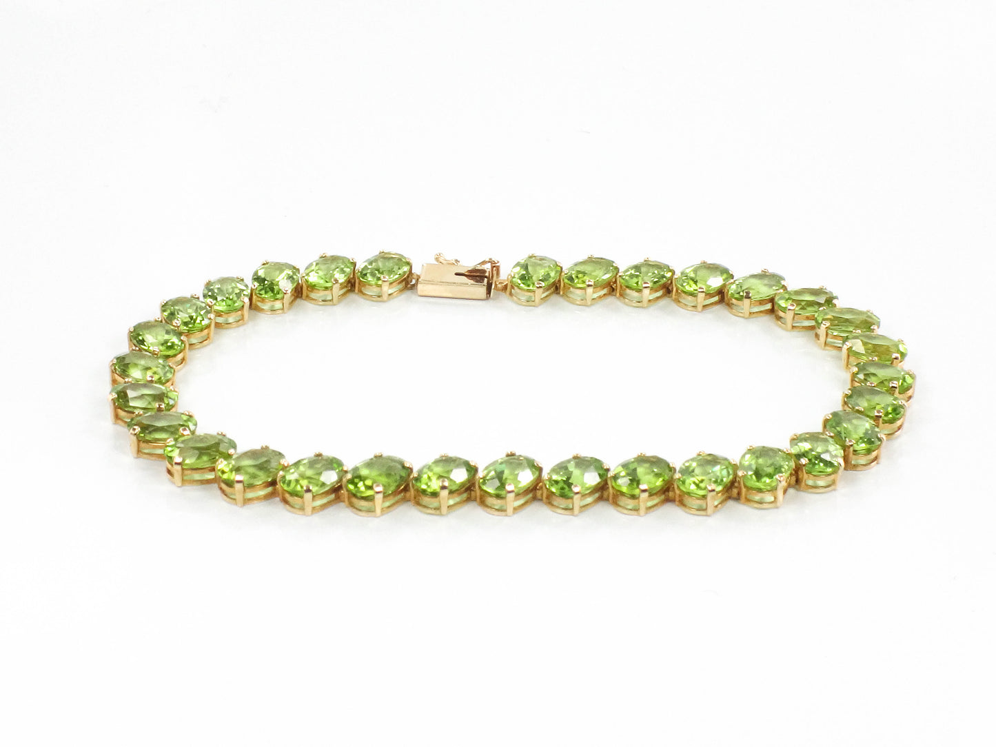 Estate 14k Yellow Gold Oval Cut Natural Peridot Tennis Bracelet, Green Stone Bracelet, 8"
