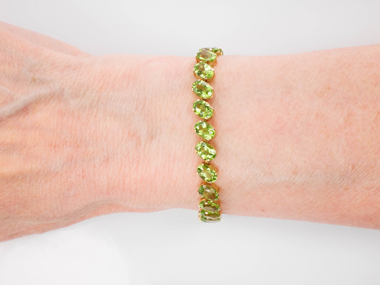 Estate 14k Yellow Gold Oval Cut Natural Peridot Tennis Bracelet, Green Stone Bracelet, 8"