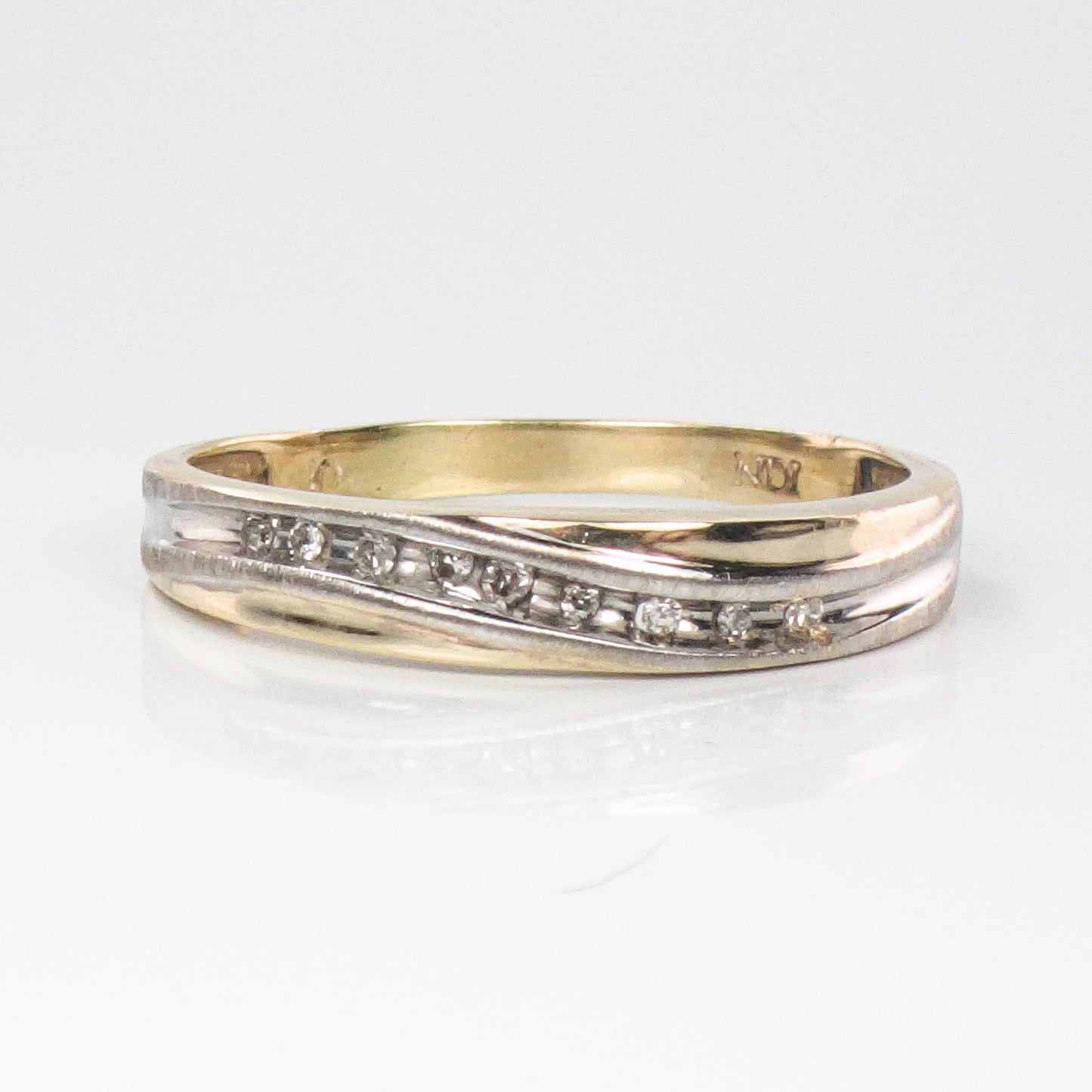 Vintage 10k Two Tone Gold Thin Diamond Wave Wedding Band, Stacking Ring, Size 6.75