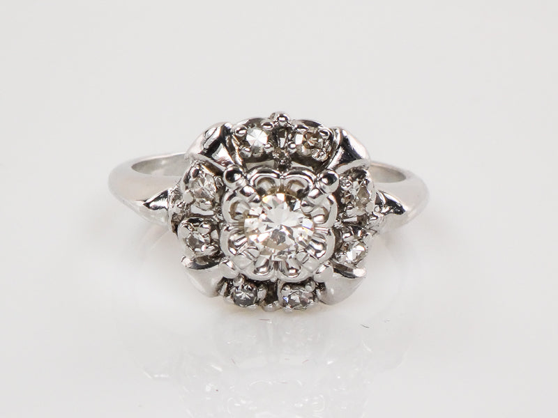 Vintage 14k White Gold Diamond Halo Engagement Ring, 1/3 Carat TDW Cluster Style, Size 5.75